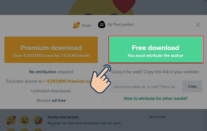 Chọn vào Free download để tải icon bạn muốn về thiết bị của mình nhé.