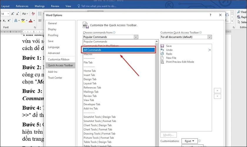 Chọn All Commands từ hộp thoại Word Options