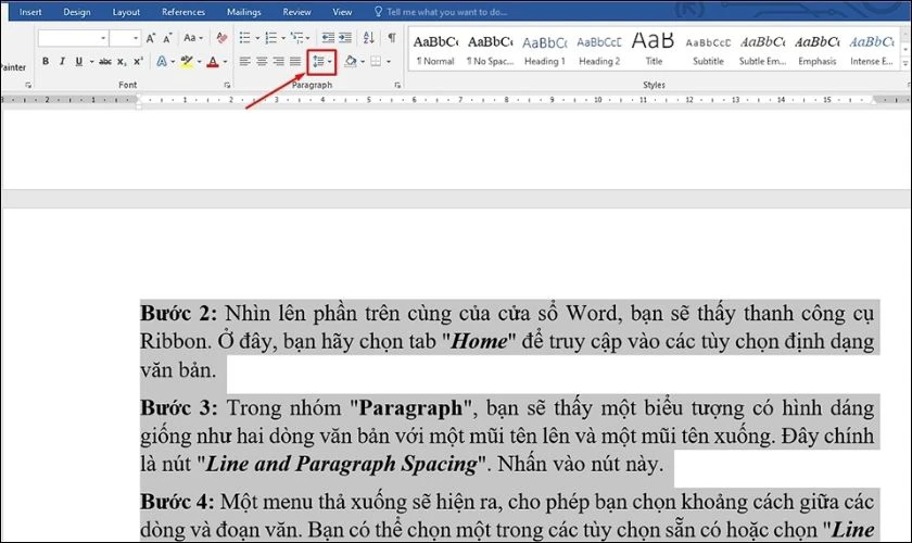 Nhấn vào Line and Paragraph Spacing để tiến hành điều chỉnh