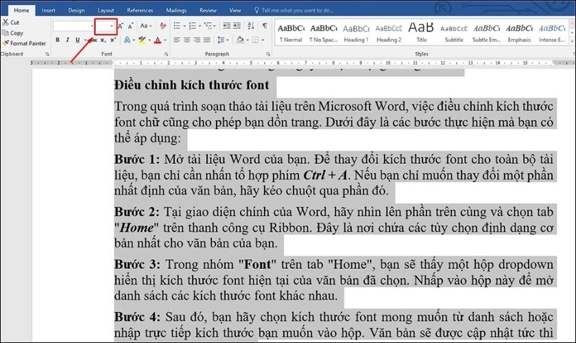 Nhấp vào dropdown trong nhóm font để điều chỉnh