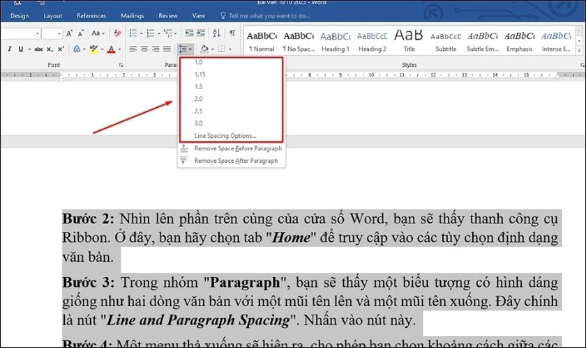 Tùy chọn khoảng cách mà bạn muốn trong Line Spacing Option