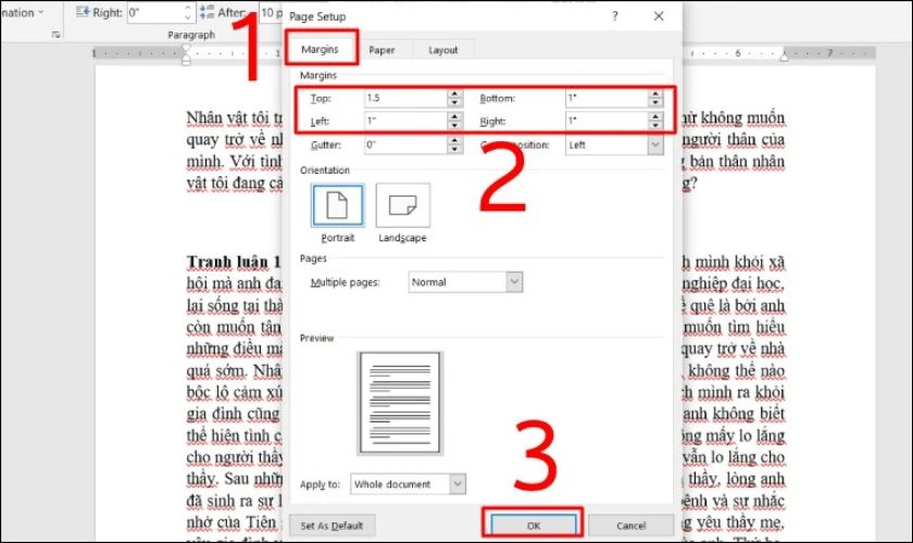 Điều chỉnh tài liệu trong tab Margins và nhấn OK